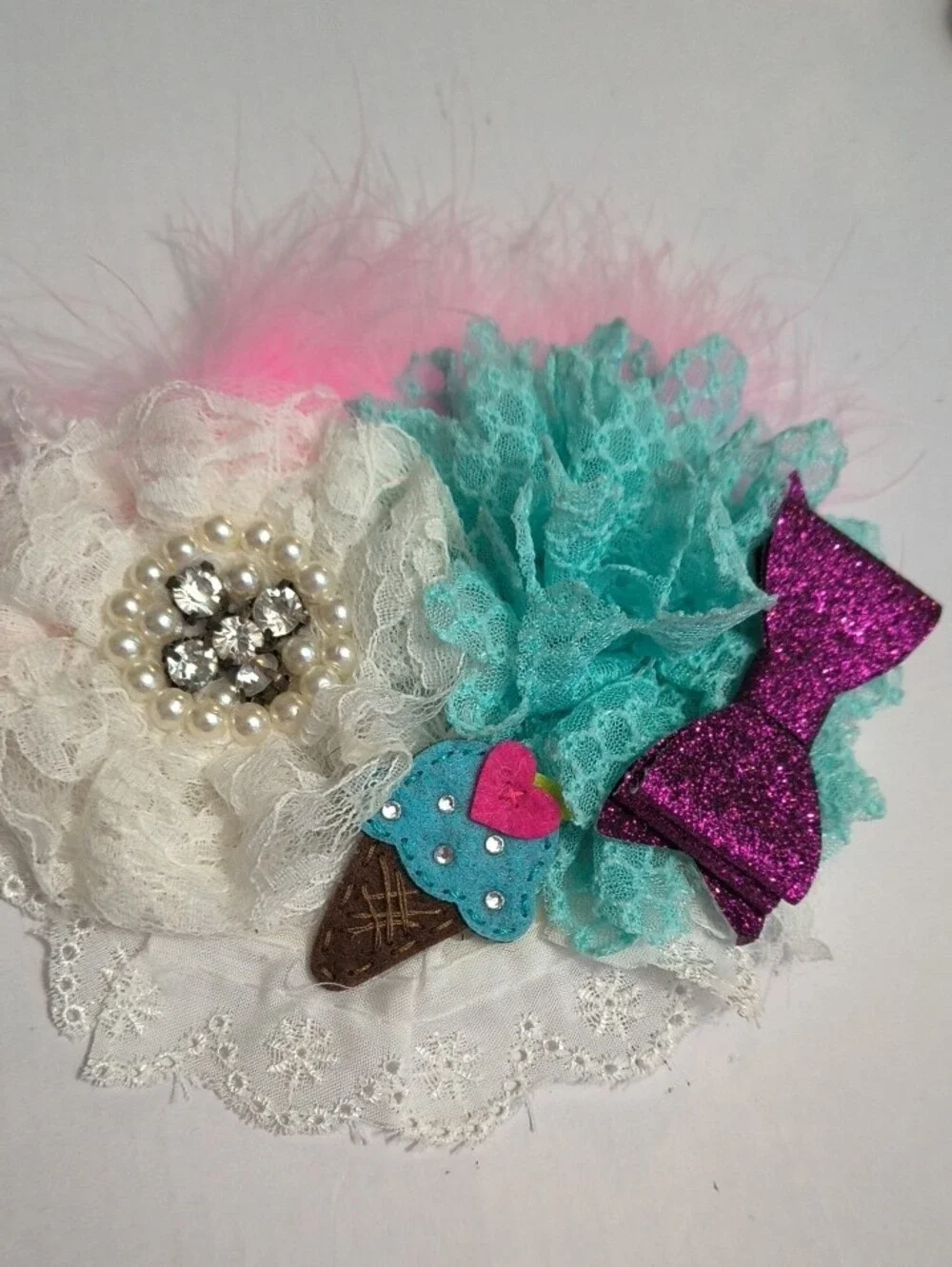 Girls Lace & Feather Hair Clip with Turquoise, Pink, White Accents
